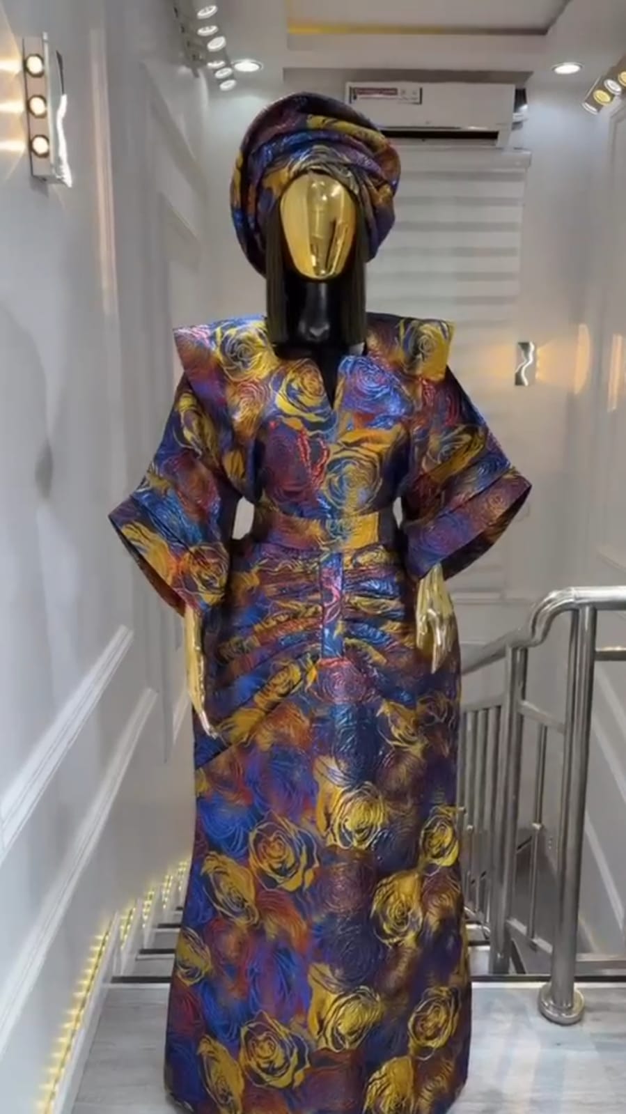 UMUNDE Brocade Damask Dress – Luxury Multicolor Rose Floral Jacquard Structured Shoulder African Maxi Dress with Matching Headwrap