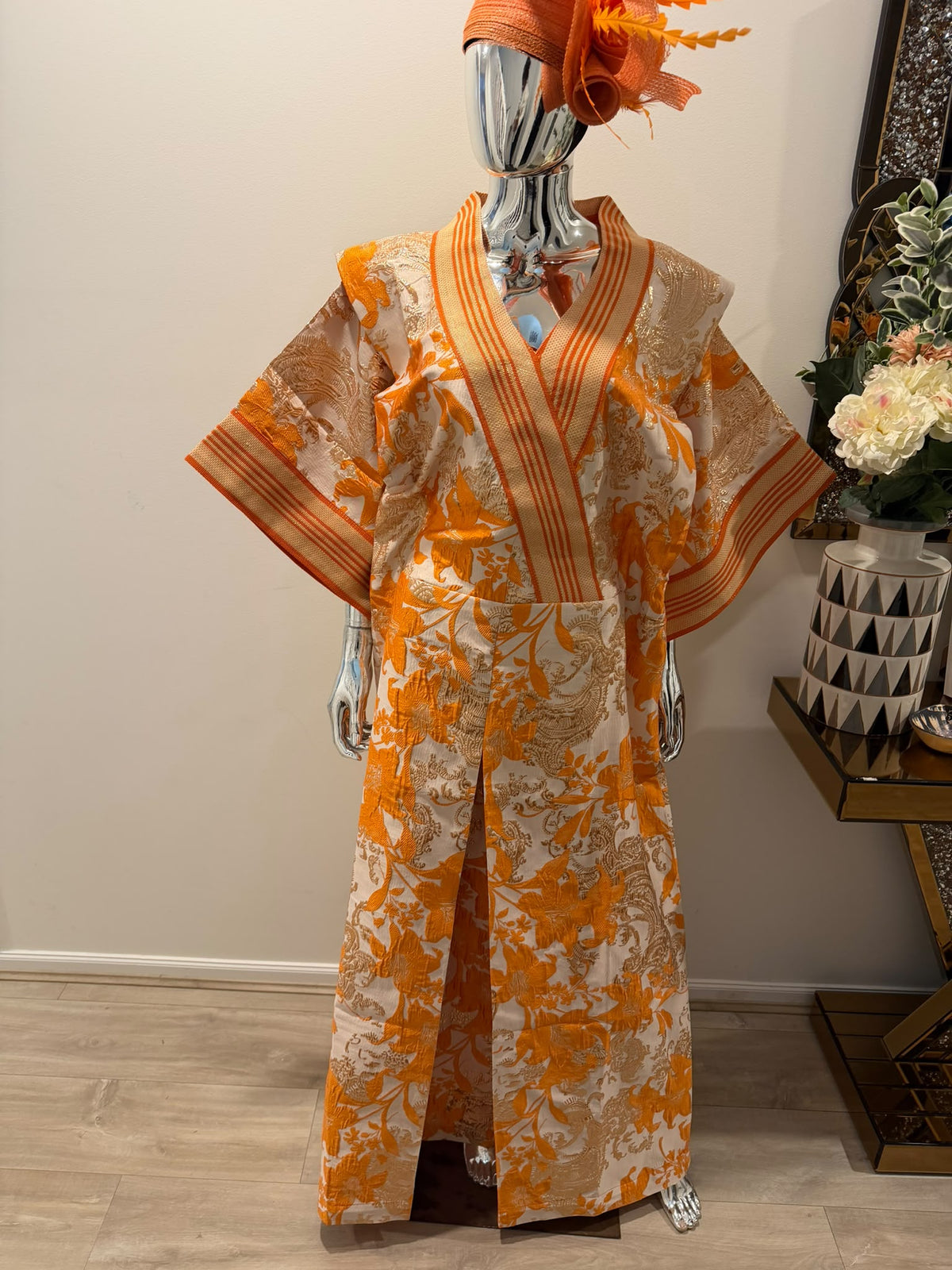 Elegant Orange Floral Kimono Bubu Maxi Dress – Free Size with Adjustable Waist & Bust Belts