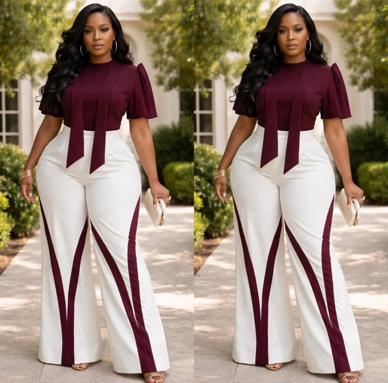 Women’s elegant two-piece pants set with tie-front top and high-waisted wide-leg trousers featuring contrast stripes