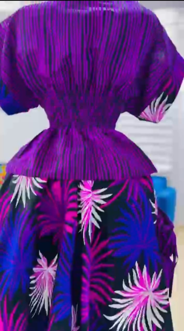 Luxury Purple & Black African Print Peplum Top and Flared Skirt Set
