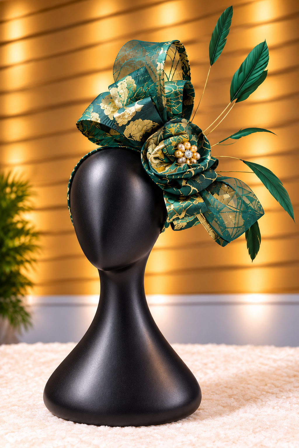 Women’s Emerald Green Floral Fascinator Hat | Luxury Feather Hair Headpiece with Bow Detail | Wedding Race Day Party Accessory | Elegant Statement Fascinator