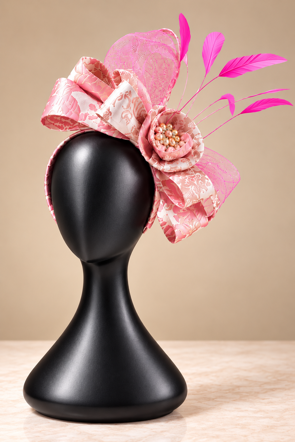 Women’s Pink Floral Fascinator Hat | Elegant Bow Hair Headpiece with Feather Detail | Wedding Race Day Party Accessory | Luxury Fascinator for Women