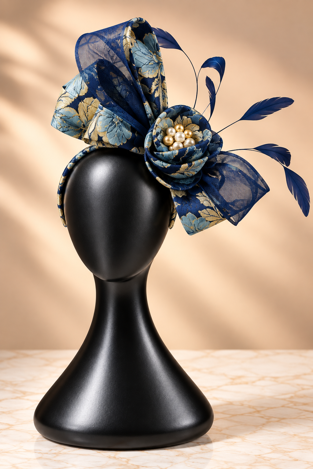 Women’s Navy Blue Floral Fascinator Hat | Luxury Feather Hair Headpiece with Bow Detail | Wedding Race Day Party Accessory | Elegant Statement Fascinator