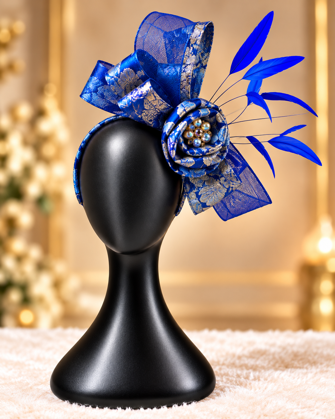 Women’s Royal Blue Floral Fascinator Hat | Luxury Feather Hair Headpiece with Bow Detail | Wedding Race Day Party Accessory | Elegant Statement Fascinator