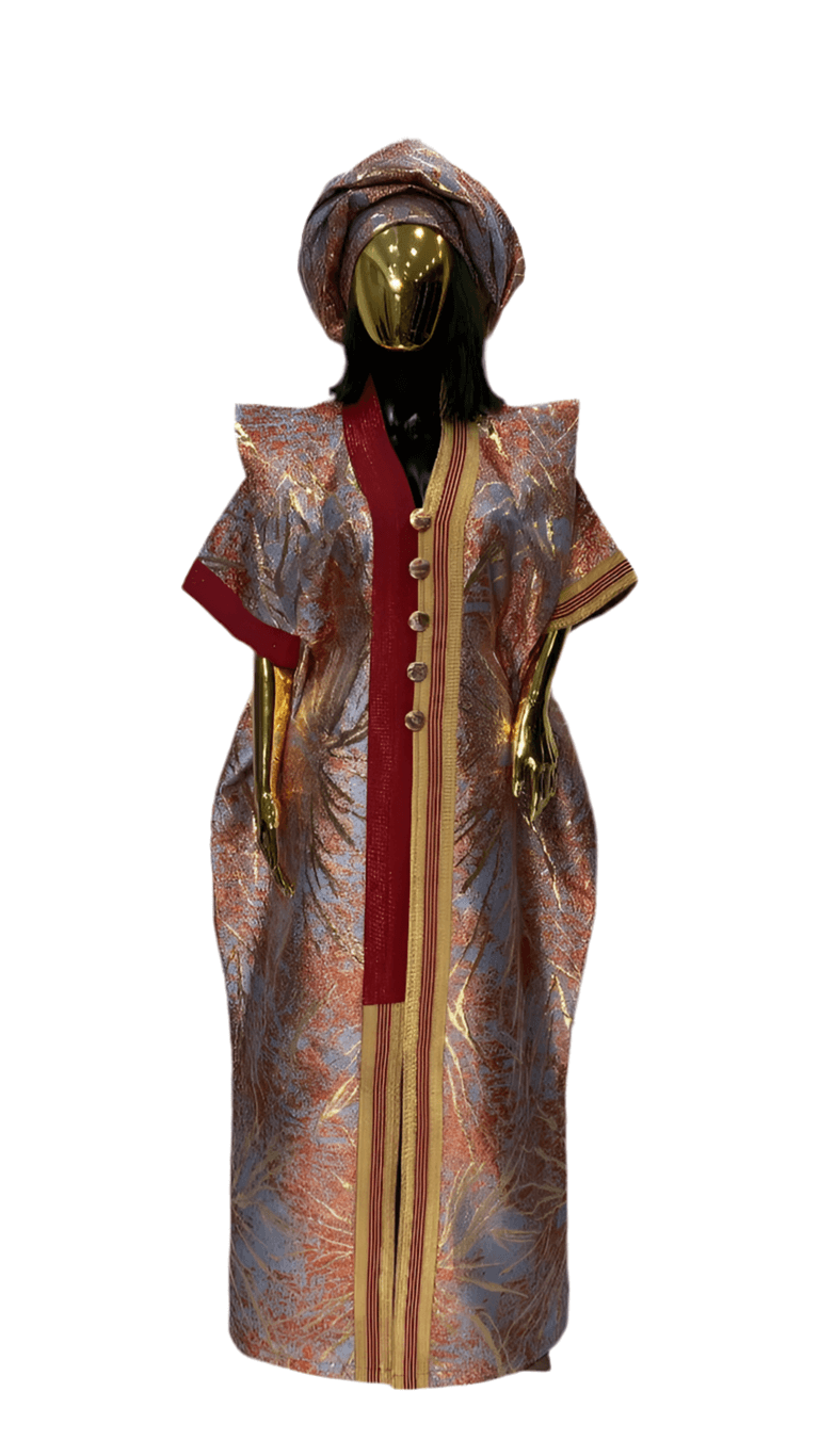 Maroon and gold African Damask Bubu Boubou elegant event dress with matching headwrap and belts