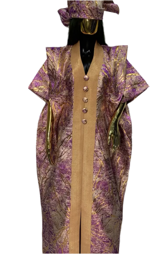 Purple Floral African Damask elegant Bubu Boubou event dress with headpiece and belts