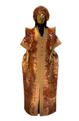 Maroon and gold African Damask brocade Bubu Boubou elegant event dress with headpiece and belts