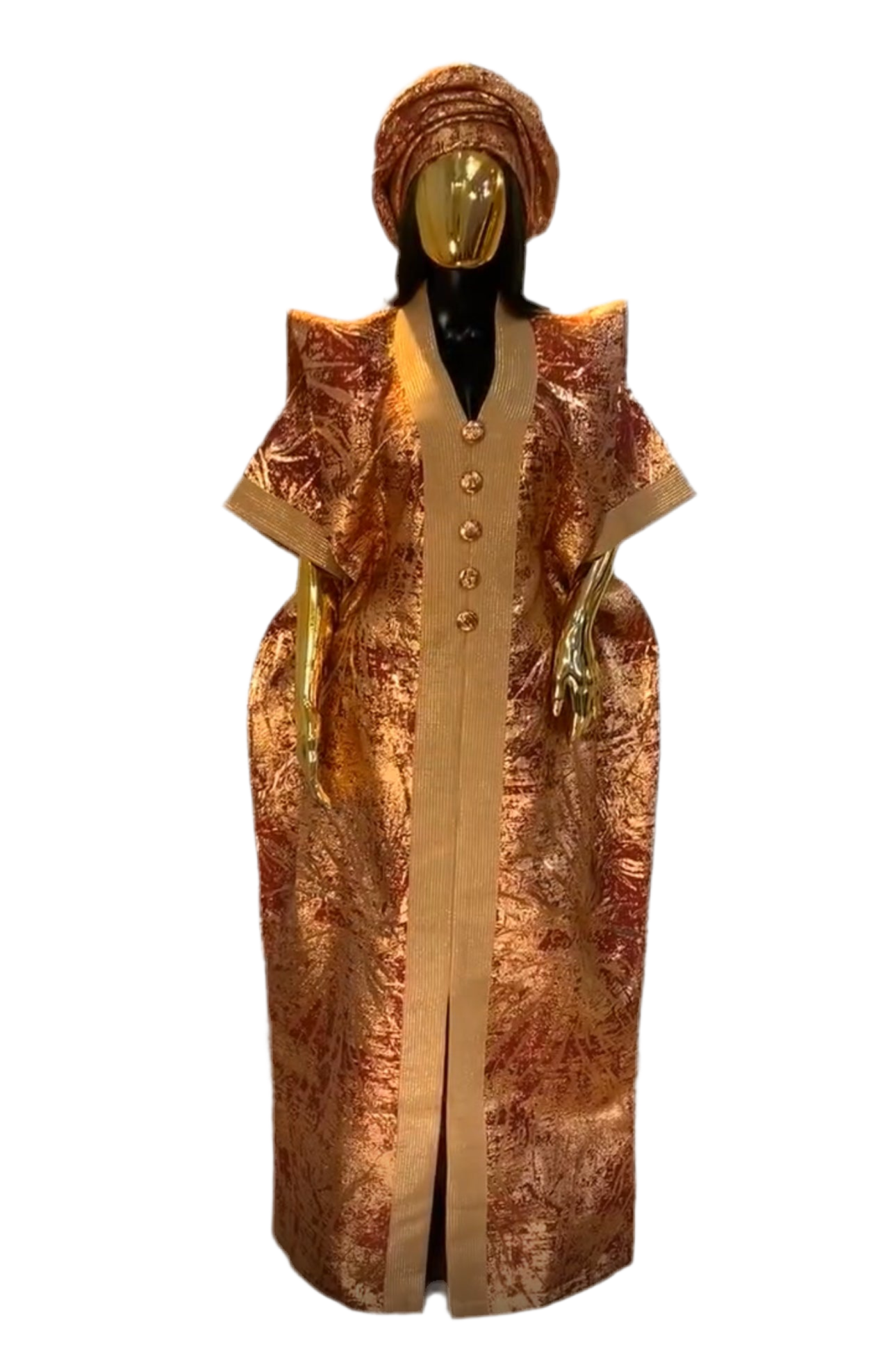 Maroon and gold African damask brocade bubu boubou elegant event dress with headpiece