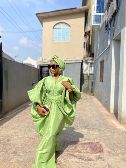 Lime Green Raw Silk Fabric with Free Side Pleated Bubu Boubou dress with Turban