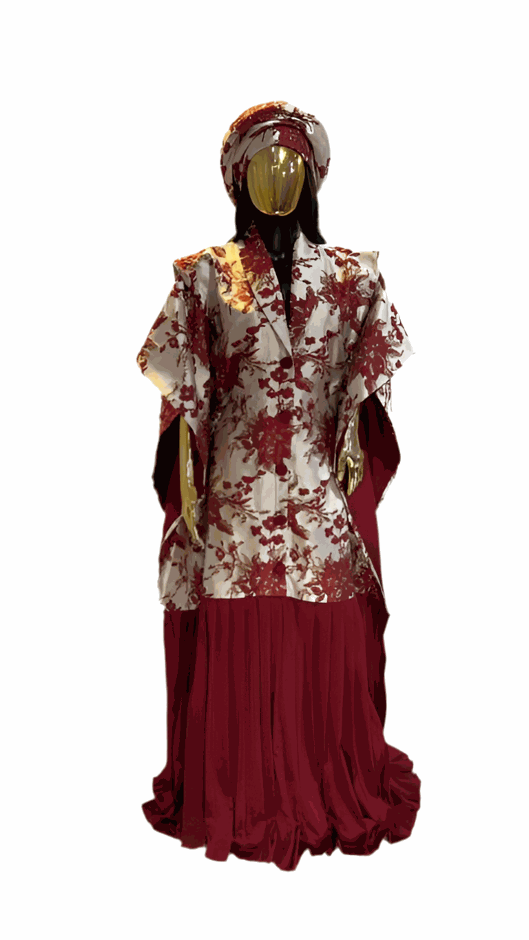 Maroon pleated African Damask Brocade Bubu Boubou elegant event dress with matching headpiece