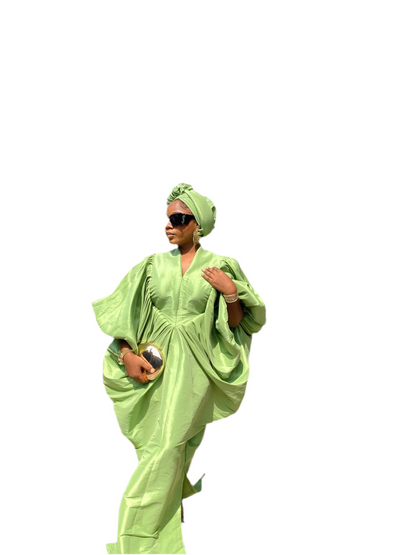 Lime Green Raw Silk Fabric with Free Side Pleated Bubu Boubou dress with Turban