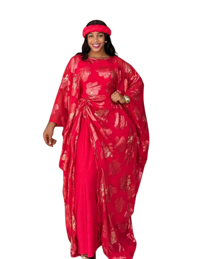 Red and Gold 3 Piece Umunde Kaftan with Shiffon Underdress and Braided Headband