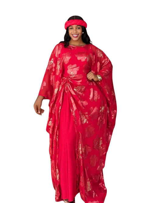 Red and Gold 3 Piece Umunde Kaftan with Shiffon Underdress and Braided Headband
