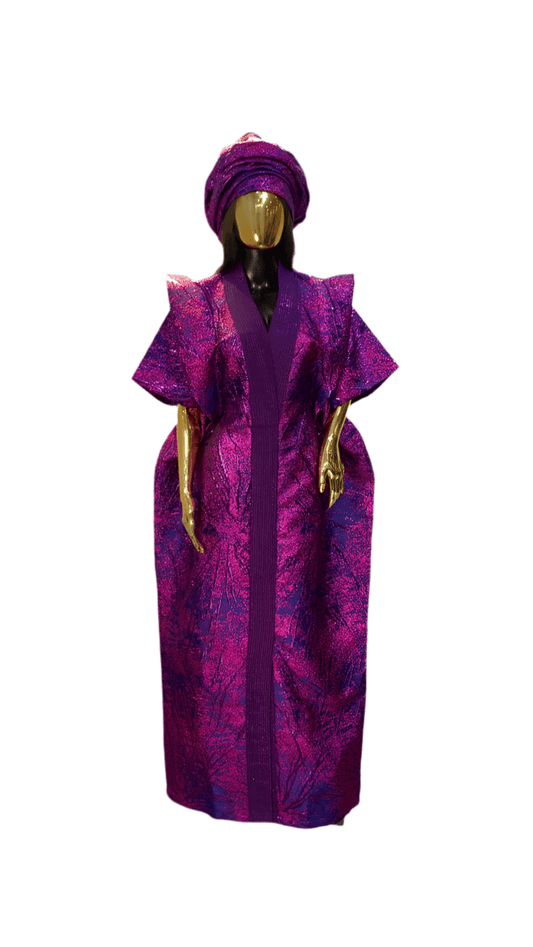 Hot pink and purple African damask brocade bubu boubou dress with headpiece and adjustable belts for elegant events