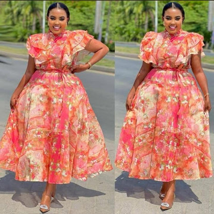 Elegant Floral Ruffle Midi Dress – Statement Sleeve Luxury Dress