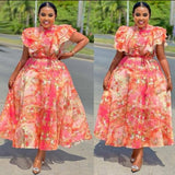 Elegant Floral Ruffle Midi Dress – Statement Sleeve Luxury Dress