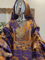 Purple orange floral and gold African Damask bubu boubou dress with pleated sleeves and headpiece