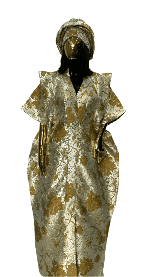 Floral brown and beige and gold African damask elegant event dress with headwrap and adjustable belts