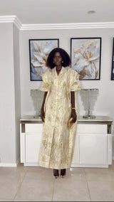 Cream white and gold stripes African Damask Bubu Boubou elegant event dress with headpiece and belts