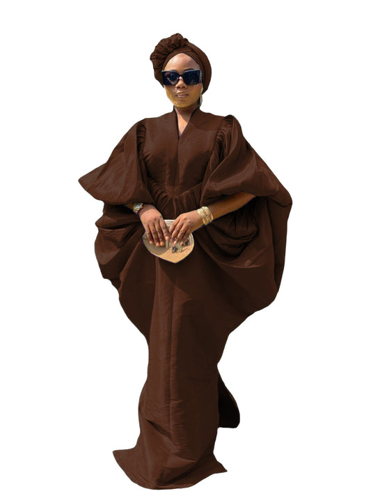 Chocolate brown raw silk fabric bubu boubou dress with turban and pleated sides