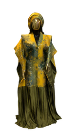 Yellow and Green Floral & Gold Pleated African Damask Brocade Bubu Boubou Elegant Event Dress