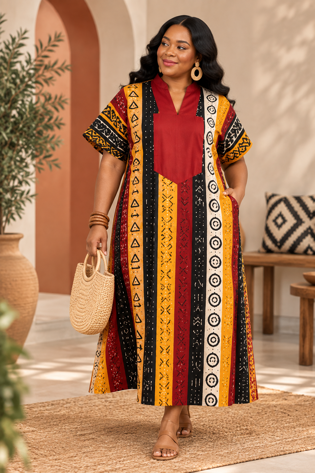 Olakunmi Multicolor Ankara Bubu African Clothing Free Size Women’s Size 4 to 24 | Black Yellow & Red African Print Maxi Dress