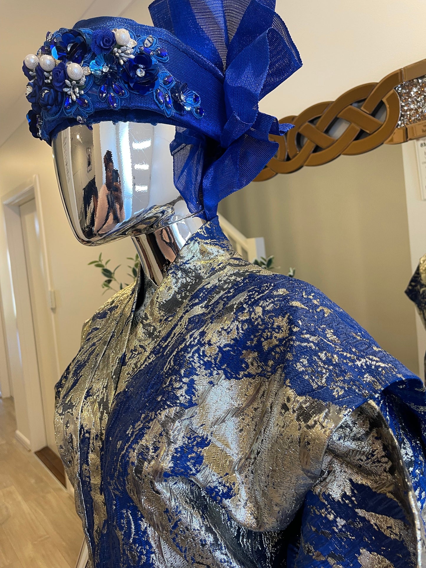 Royal blue, silver, and gold African Damask Brocade bubu boubou dress with belts for elegant events