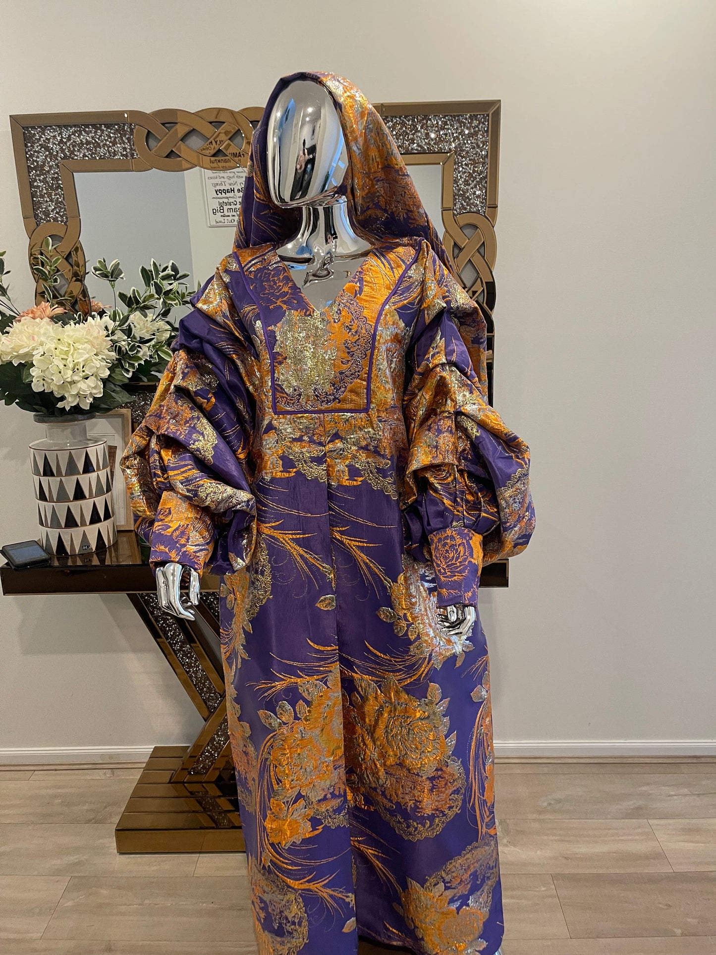 Purple Orange Floral African Damask Bubu Boubou Dress with Gold Pleated Sleeves and Headpiece