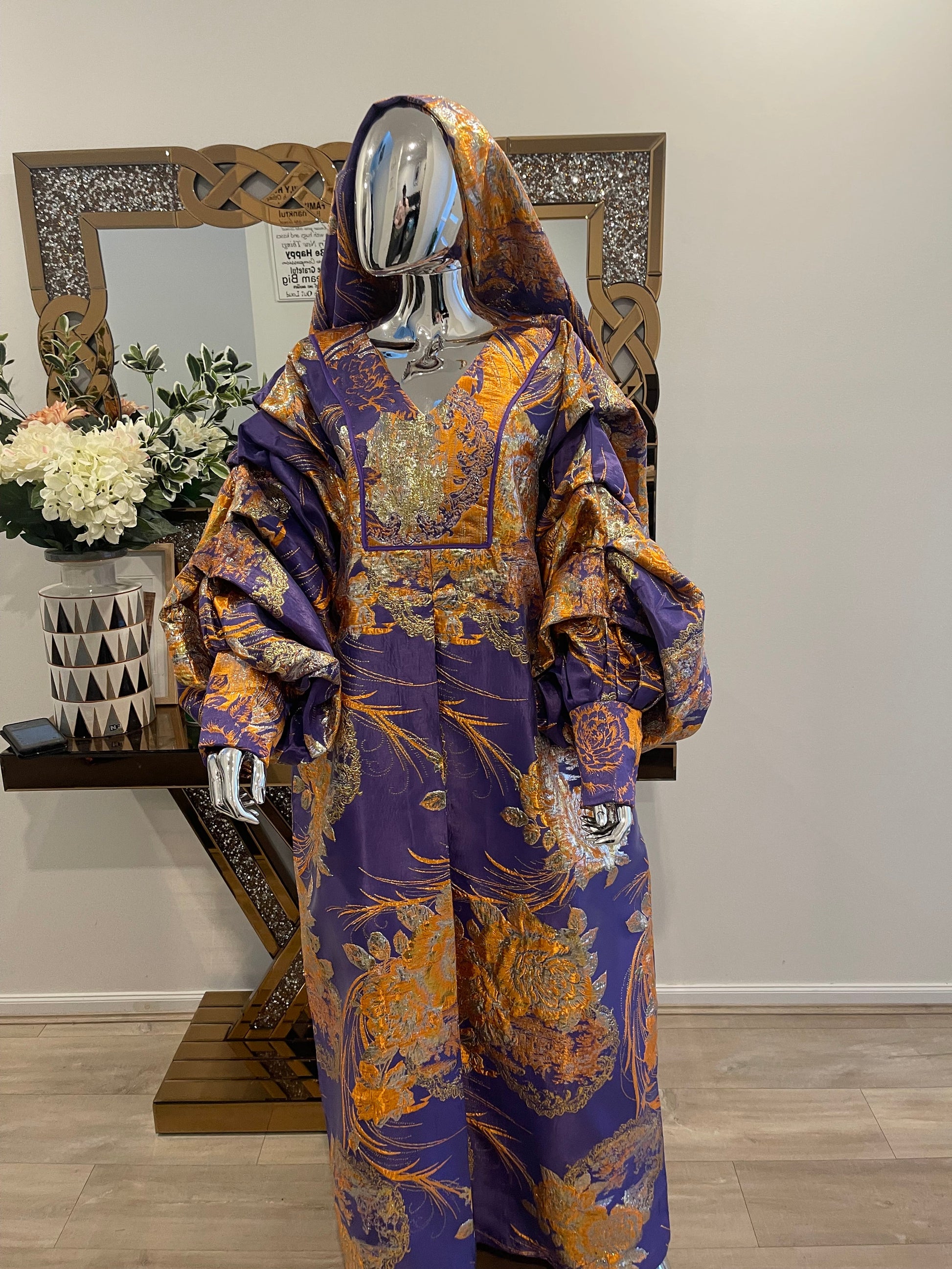 Purple Orange Floral African Damask Bubu Boubou Dress with Gold Pleated Sleeves and Headpiece