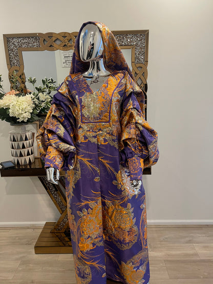 Purple Orange Floral African Damask Bubu Boubou Dress with Gold Pleated Sleeves and Headpiece