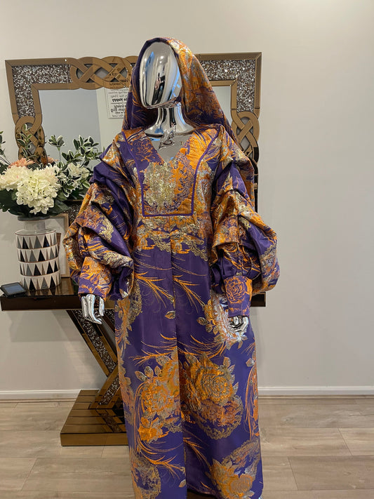 Purple Orange Floral African Damask Bubu Boubou Dress with Gold Pleated Sleeves and Headpiece
