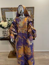 Purple Orange Floral African Damask Bubu Boubou Dress with Gold Pleated Sleeves and Headpiece