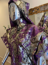 Purple Silver Gold African Damask Brocade elegant event dress with headpiece and adjustable belts