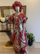 Red Silver and Gold African Damask Brocade Bubu Boubou Elegant Event Dress with belts