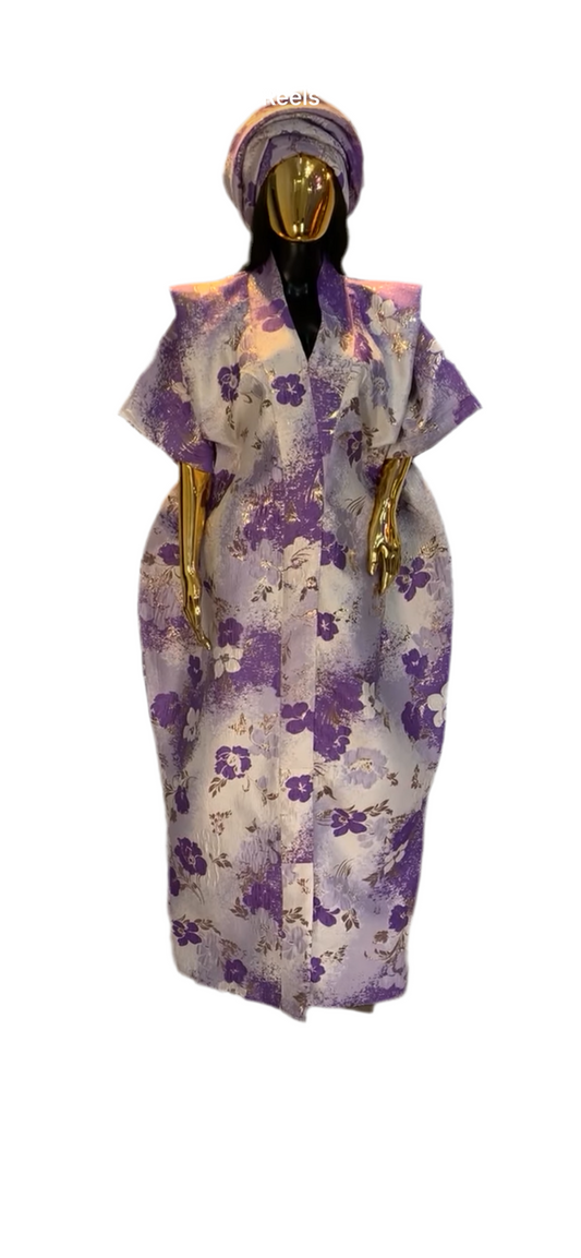 Purple Floral African Damask Bubu Boubou elegant event dress with headpiece and belts