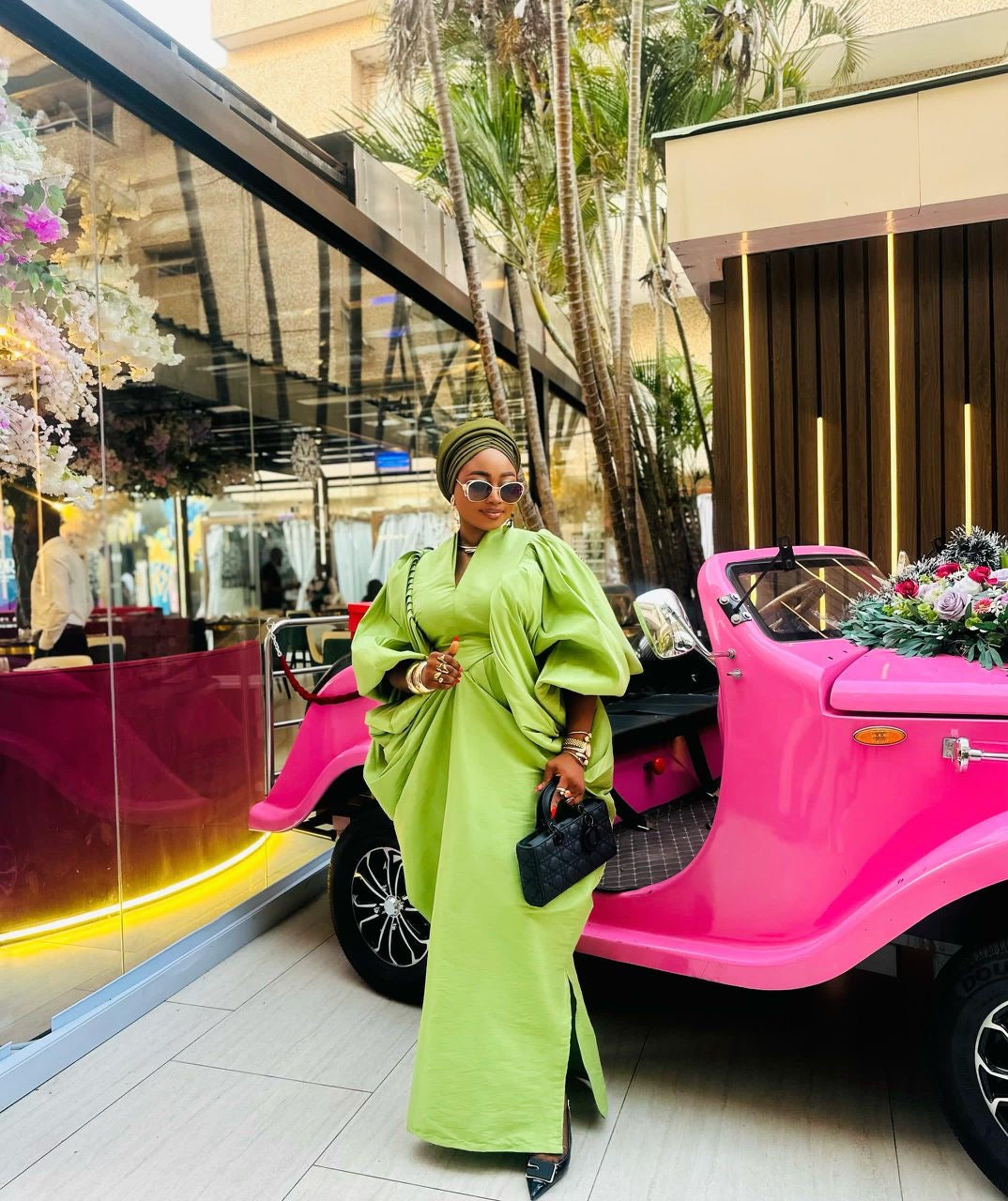 Lime Green Raw Silk Fabric with Free Side Pleated Bubu Boubou dress with Turban