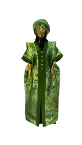 Bright Green African Damask Brocade Bubu Boubou elegant event dress with headpiece and belts
