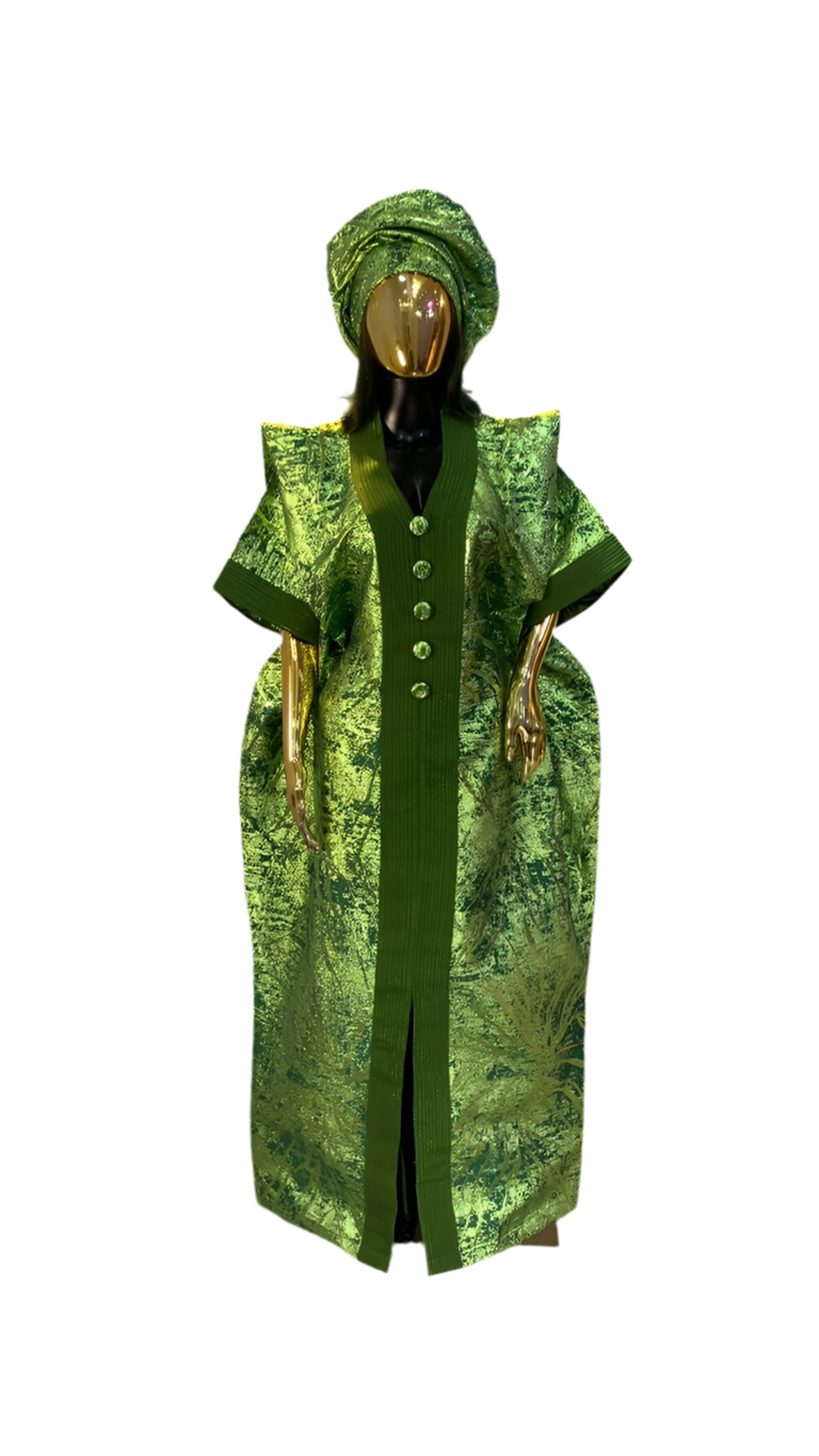 Bright green African damask brocade bubu boubou elegant event dress with headpiece and adjustable belts
