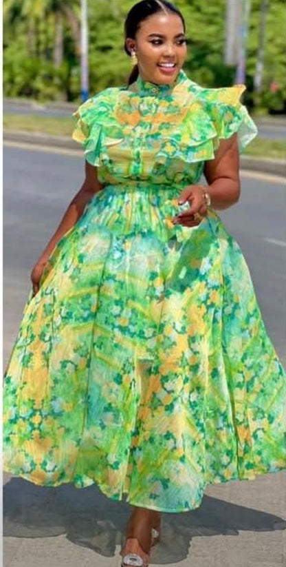 Elegant Floral Ruffle Midi Dress – Statement Sleeve Luxury Dress