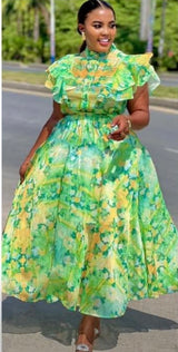 Elegant Floral Ruffle Midi Dress – Statement Sleeve Luxury Dress