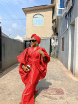 Red raw silk fabric bubu boubou dress with turban and pleated sides