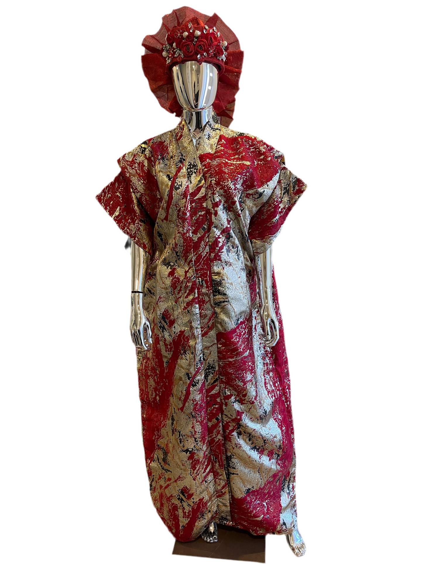 Elegant red, silver, and gold African damask brocade Bubu Boubou dress with headpiece and adjustable belts