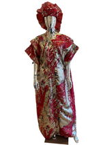 Elegant red, silver, and gold African damask brocade Bubu Boubou dress with headpiece and adjustable belts
