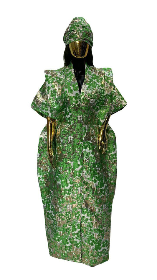 Green Floral African Damask Bubu Boubou dress with matching headpiece for elegant events
