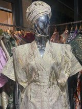 Cream white and gold stripes African Damask bubu boubou dress with headpiece and belts