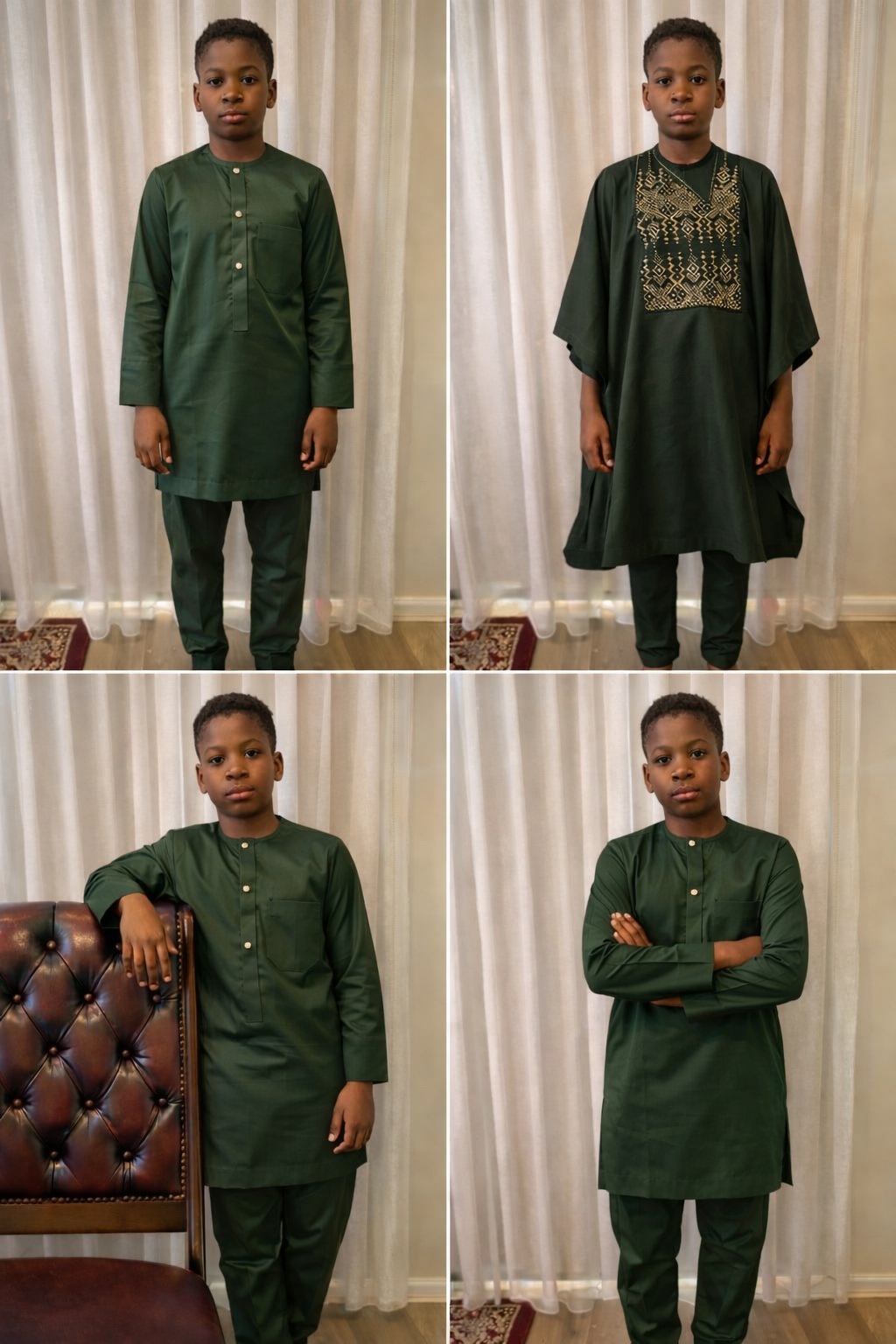 Boys 3 Piece Luxury fine Agbada set with embroidered flowing gown, tunic, and matching trousers