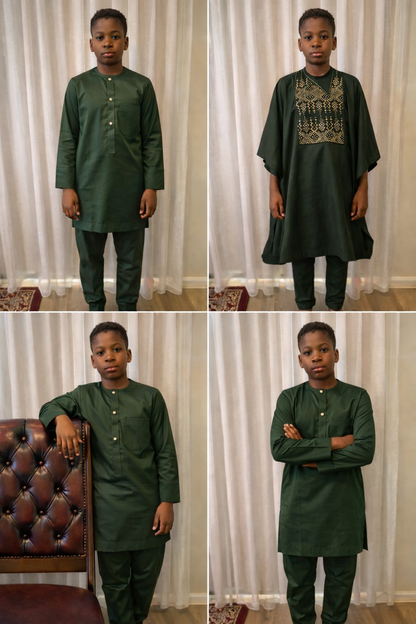 Boys 3 Piece Luxury fine Agbada set with embroidered flowing gown, tunic, and matching trousers