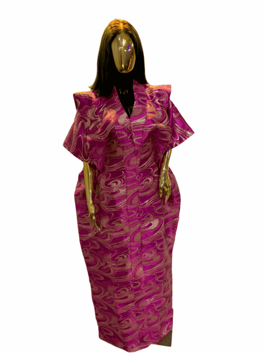 Elegant Pink Waves African Damask Bubu Boubou event dress with matching headpiece and flowing design