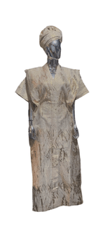White and Gold Stripes African Damask Bubu Boubou dress with headpiece and belts for elegant events