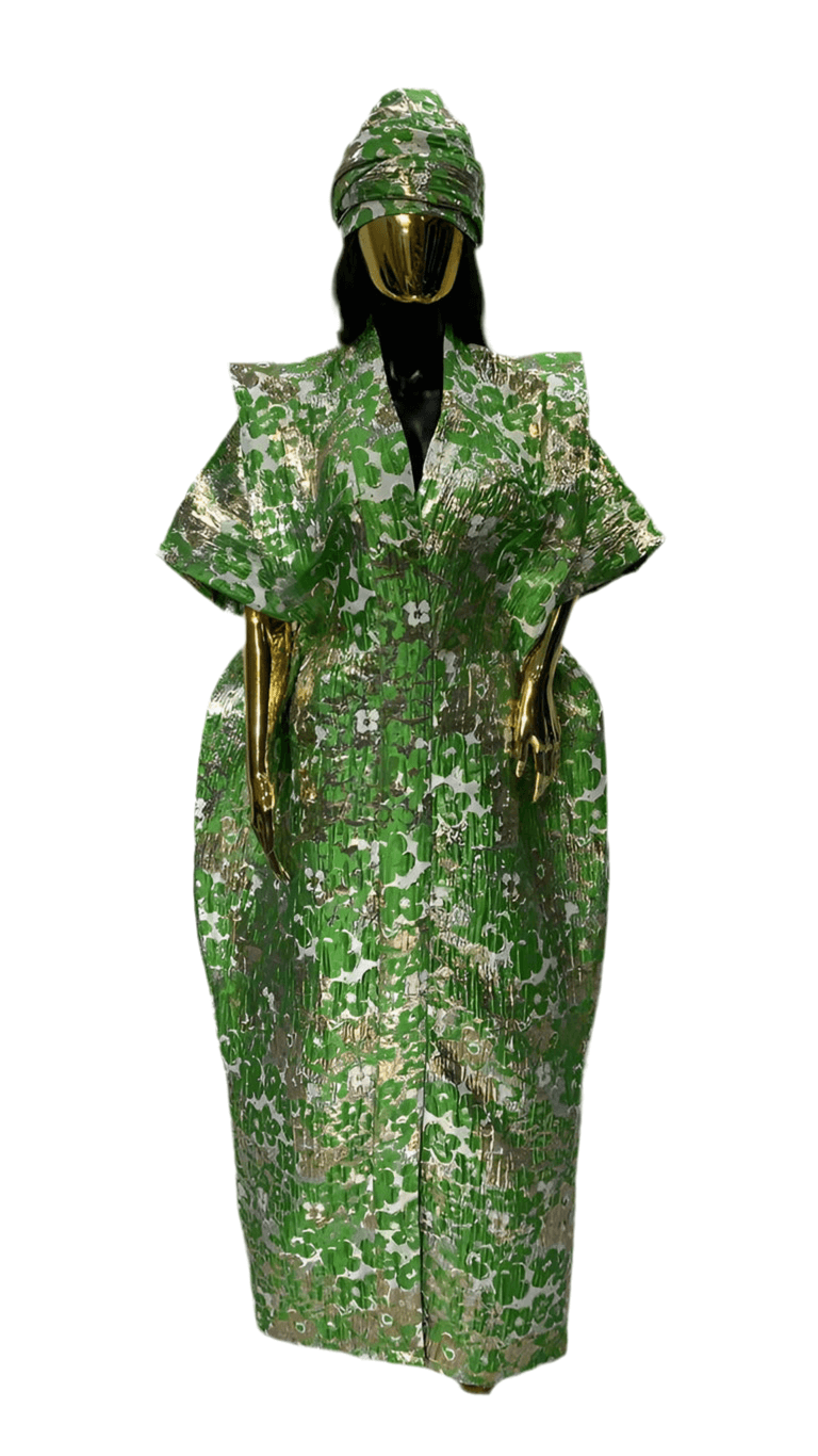 Green floral African Damask Bubu Boubou elegant event dress with headpiece and belts